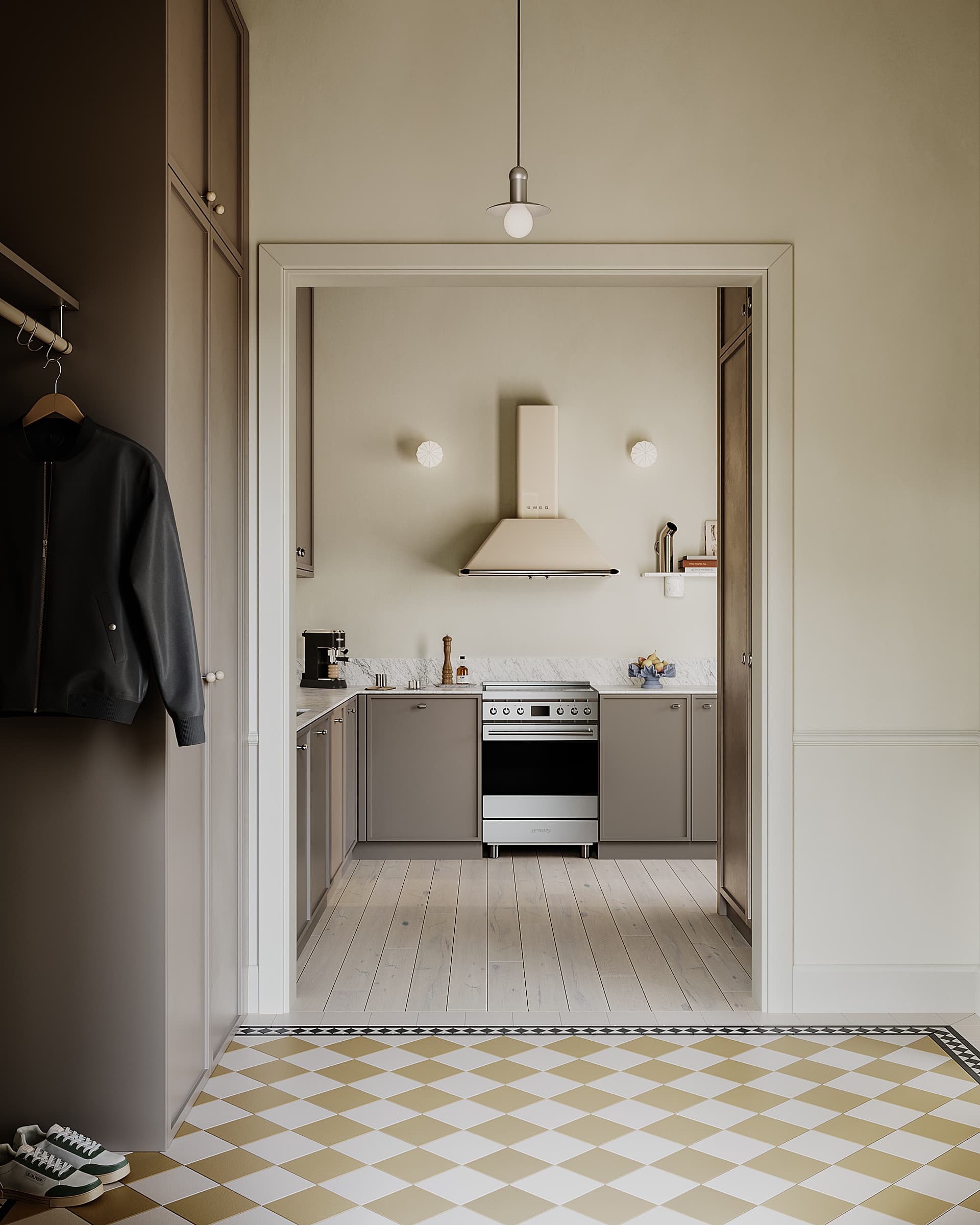 Small hallway leading into kitchen with storage and light flooring.