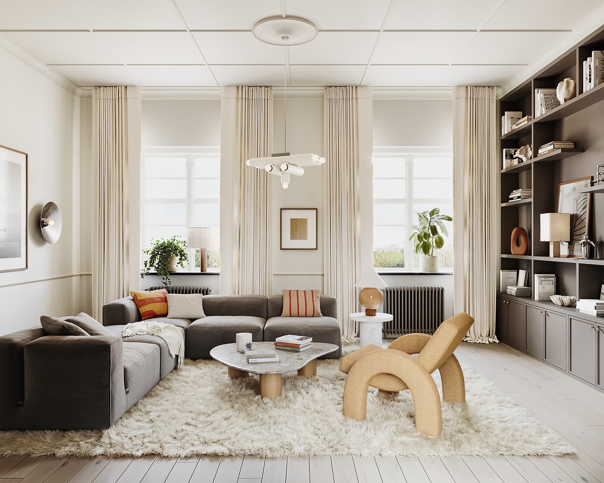 Spacious living room with large windows and built-in shelving.