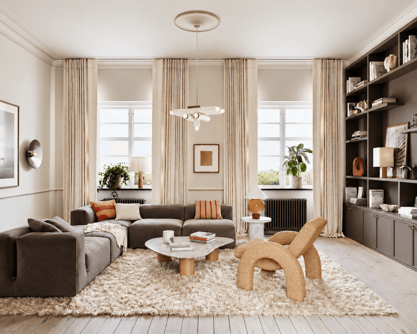 Spacious living room with large windows and built-in shelving.