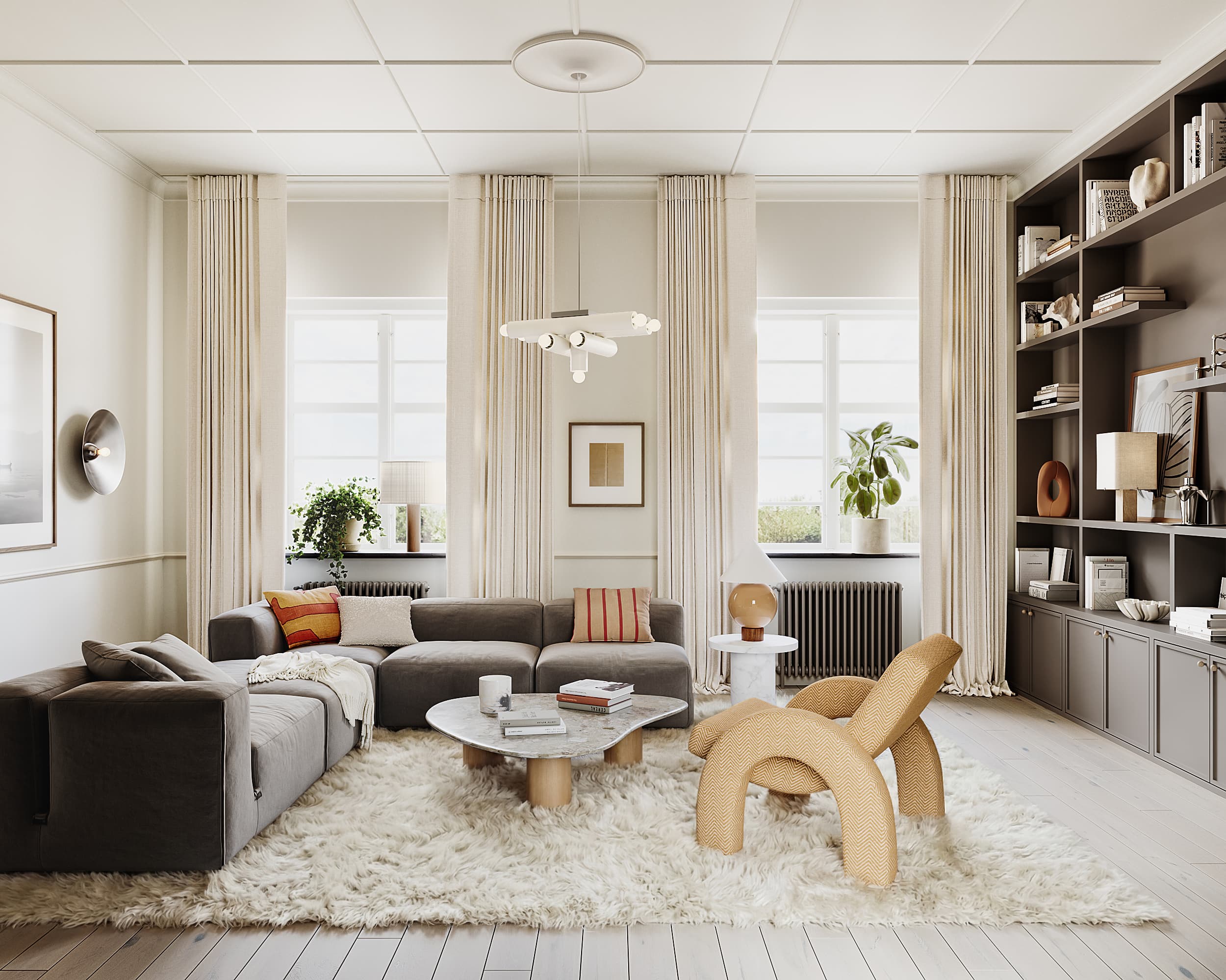 Spacious living room with large windows and built-in shelving.